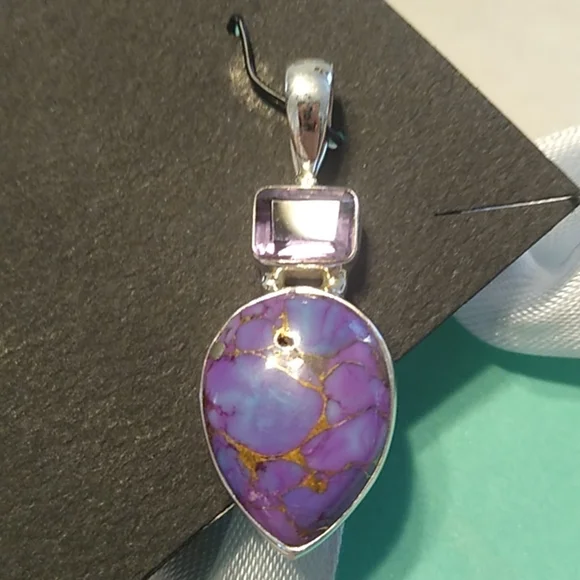 Purple Mojave Turquoise + Amethyst Teardrop Pendant Sterling Silver 925